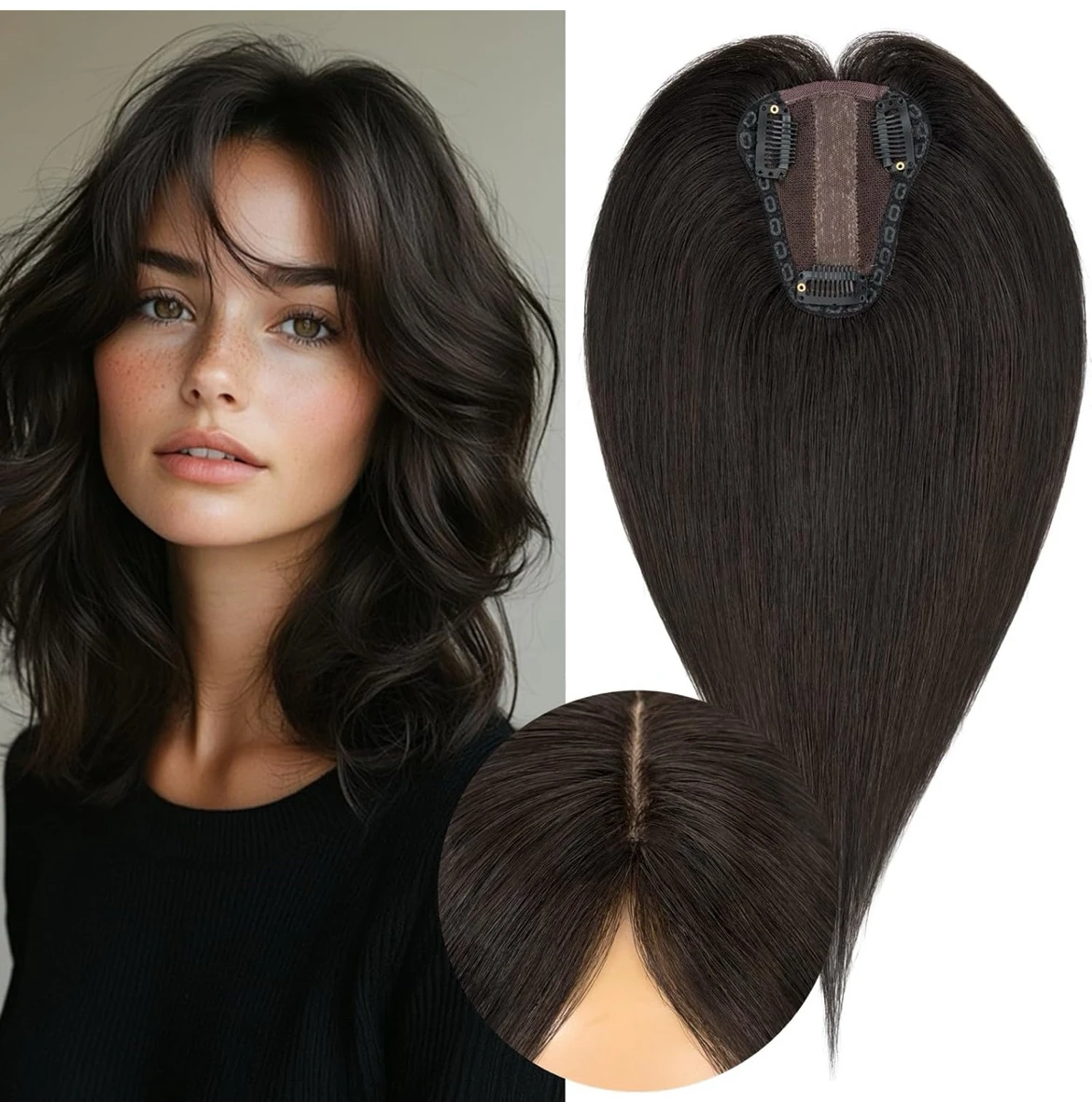 Toppers para el cabello para mujer, cabello humano real 12 pulgadas , densidad del 150%, clip en base de seda, sin flequillo, 100% humano Remy