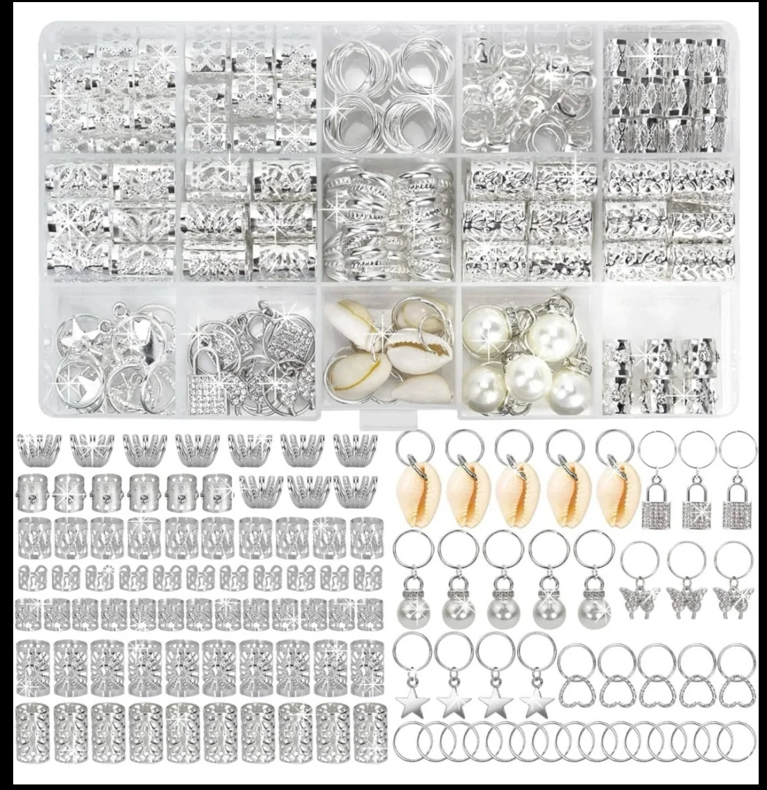 Joyas de cuentas de cabello plateadas, 218 accesorios  para el cabello, joyería Loc para rastas, joyería para el cabello , 14 estilos de accesorios para trenzar el cabello, bricolaje 3