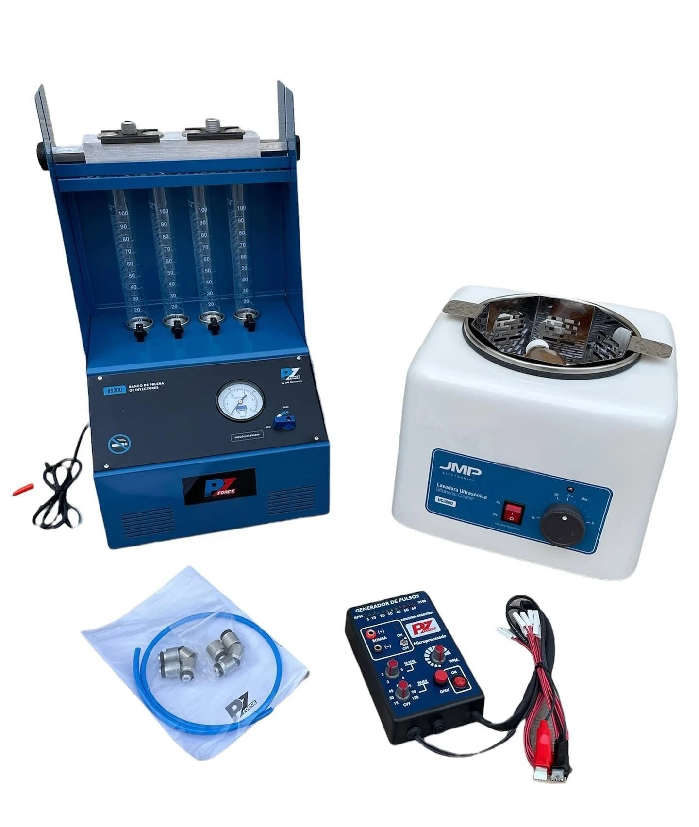 Banco de inyectores 4 probetas pz force jmp + batea ultrasonido 3 lts con reloj + generador de pulsos pz force