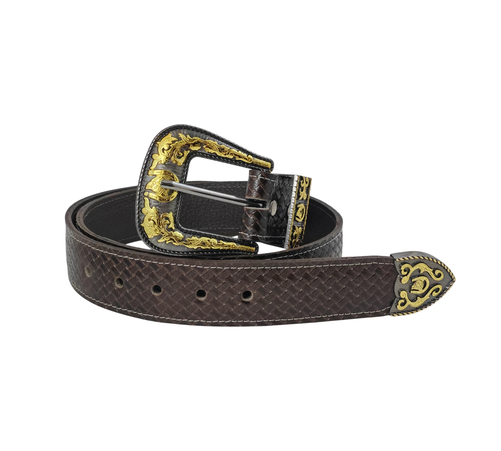 Tierra Brava Cnturon Vaquero cuero cafe oscuro estampado petate 3
