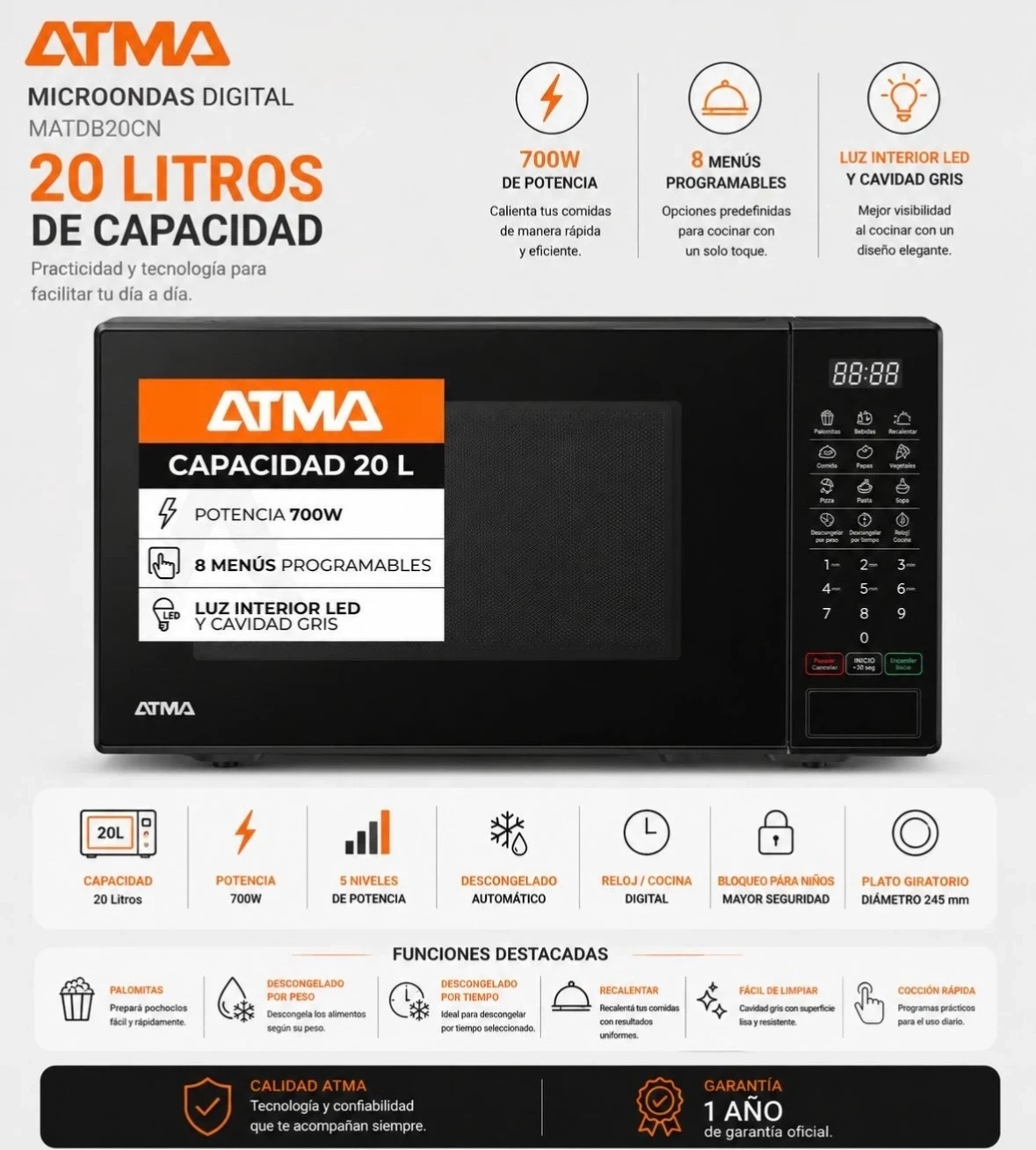 MICROONDAS ATMA 20L NEGRO