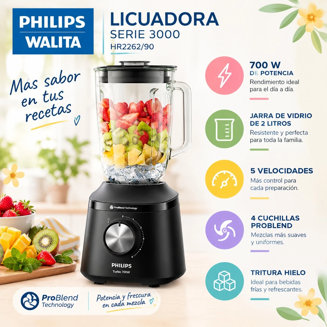 LICUADORA PHILIPS WALITA HR2262/90 Serie 3000 JARRA DE VIDRIO 2LTS
