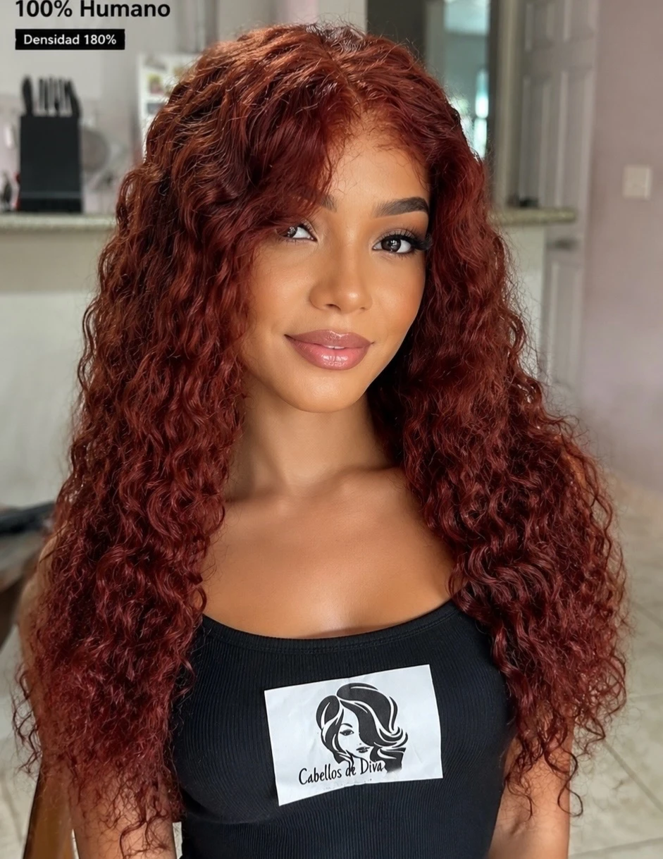 Peluca Rizada de 24 Pulgadas Cabello Humano Rojo cobrizo, frontal lace  13x6 