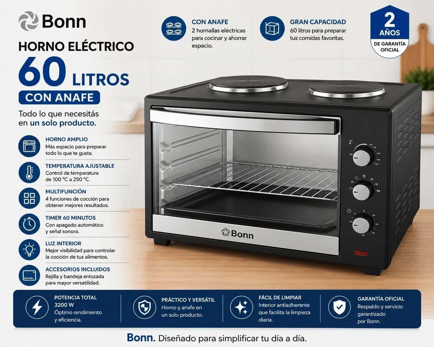 HORNO ELÉCTRICO BONN 60lts c/anafe*