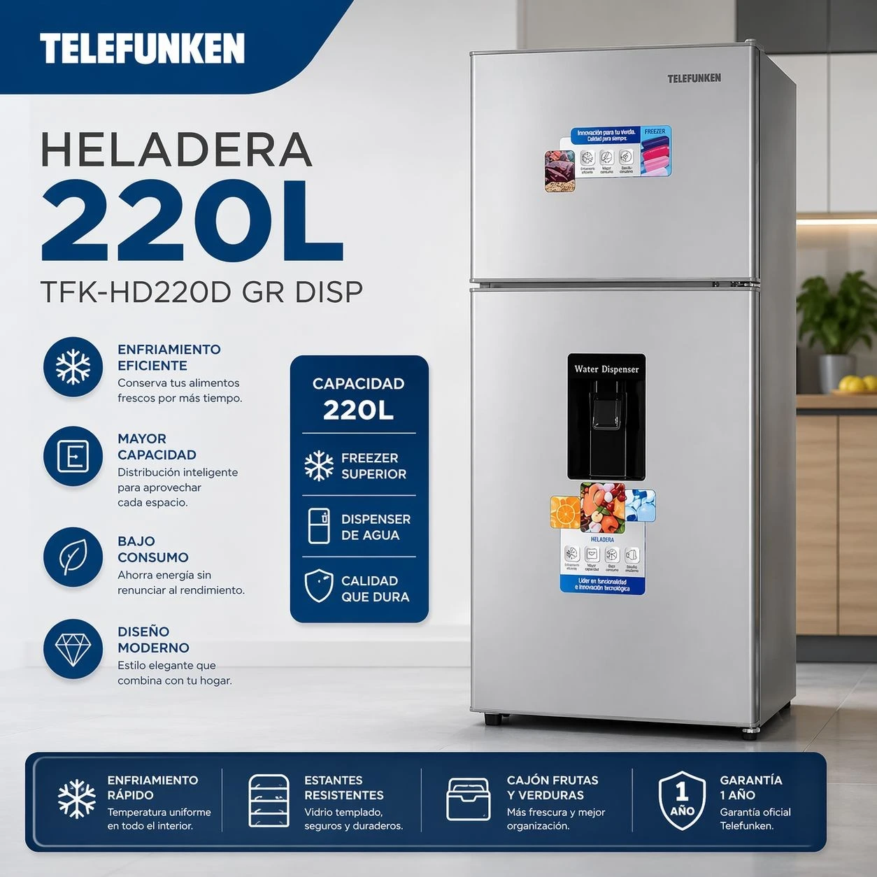 HELADERA TELEFUNKEN 220 LTS C/DISPENSER