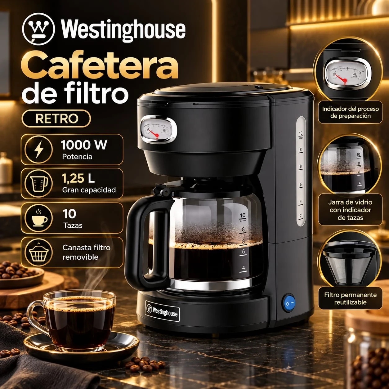 CAFETERA WESTINGHOUSE RETRO NEGRA *CONSULTAR DISPONIBILIDAD CON EL VENDEDOR*