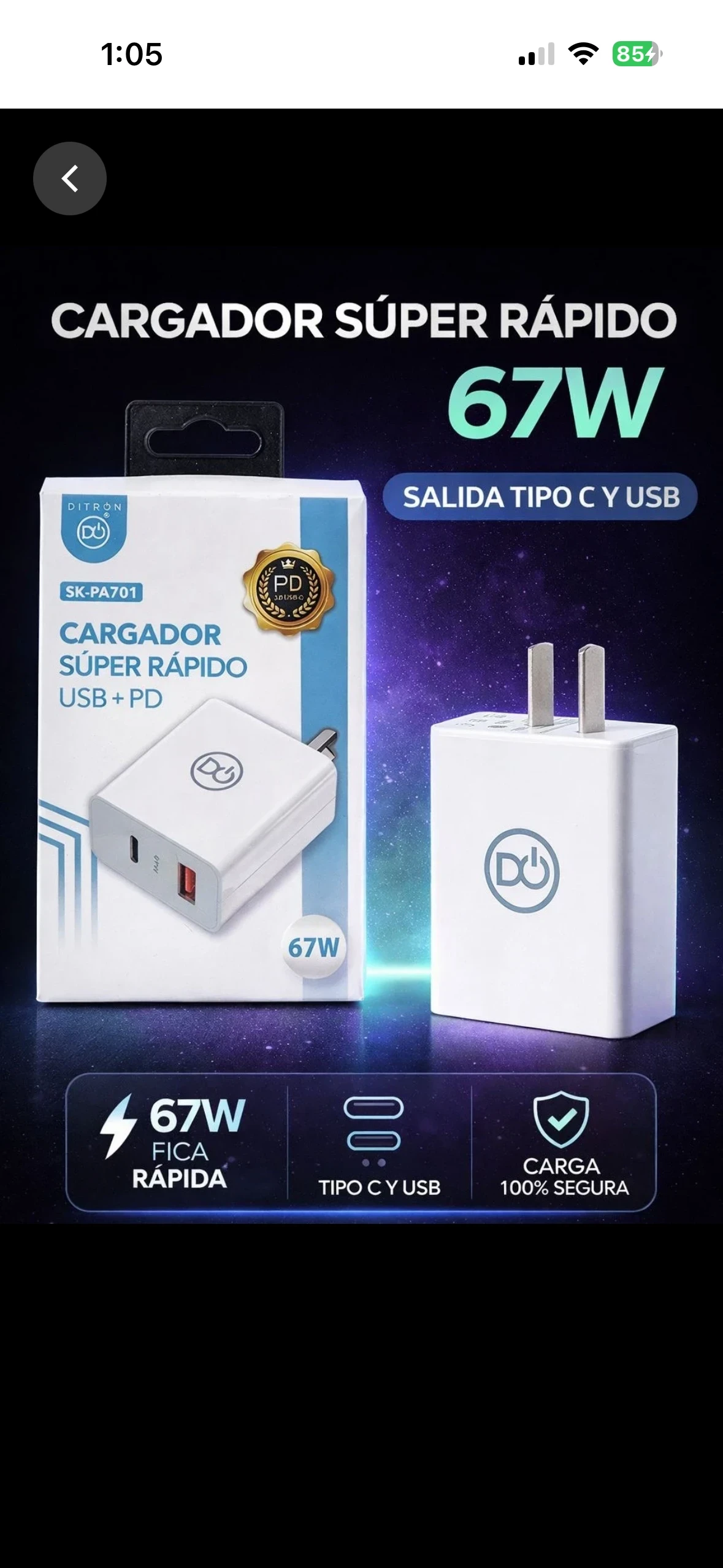 CARGADOR CELULAR DYTRON 67w SALIDA USB Y TIPO C CARGA RAPIDA