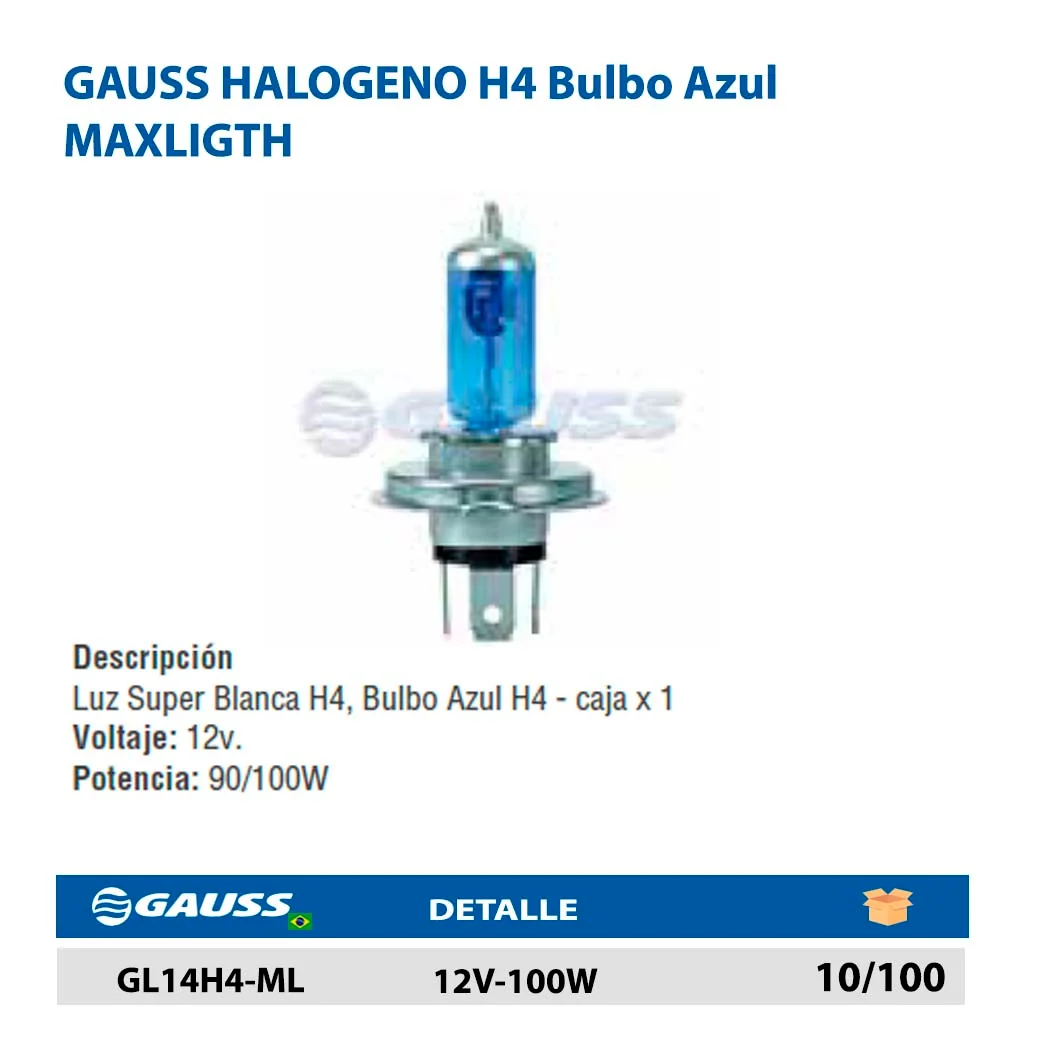 GAUSS HALOGENO H4 Bulbo Azul MAXLIGTH 12V-100W
