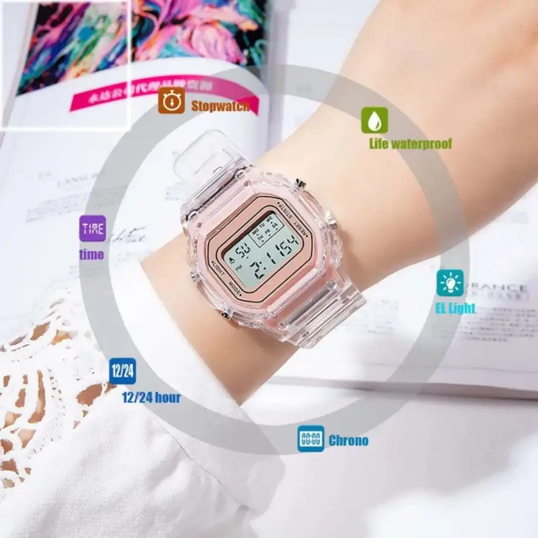 Reloj Deportivo Digital Cuadrado Transparente Palo De Rosa