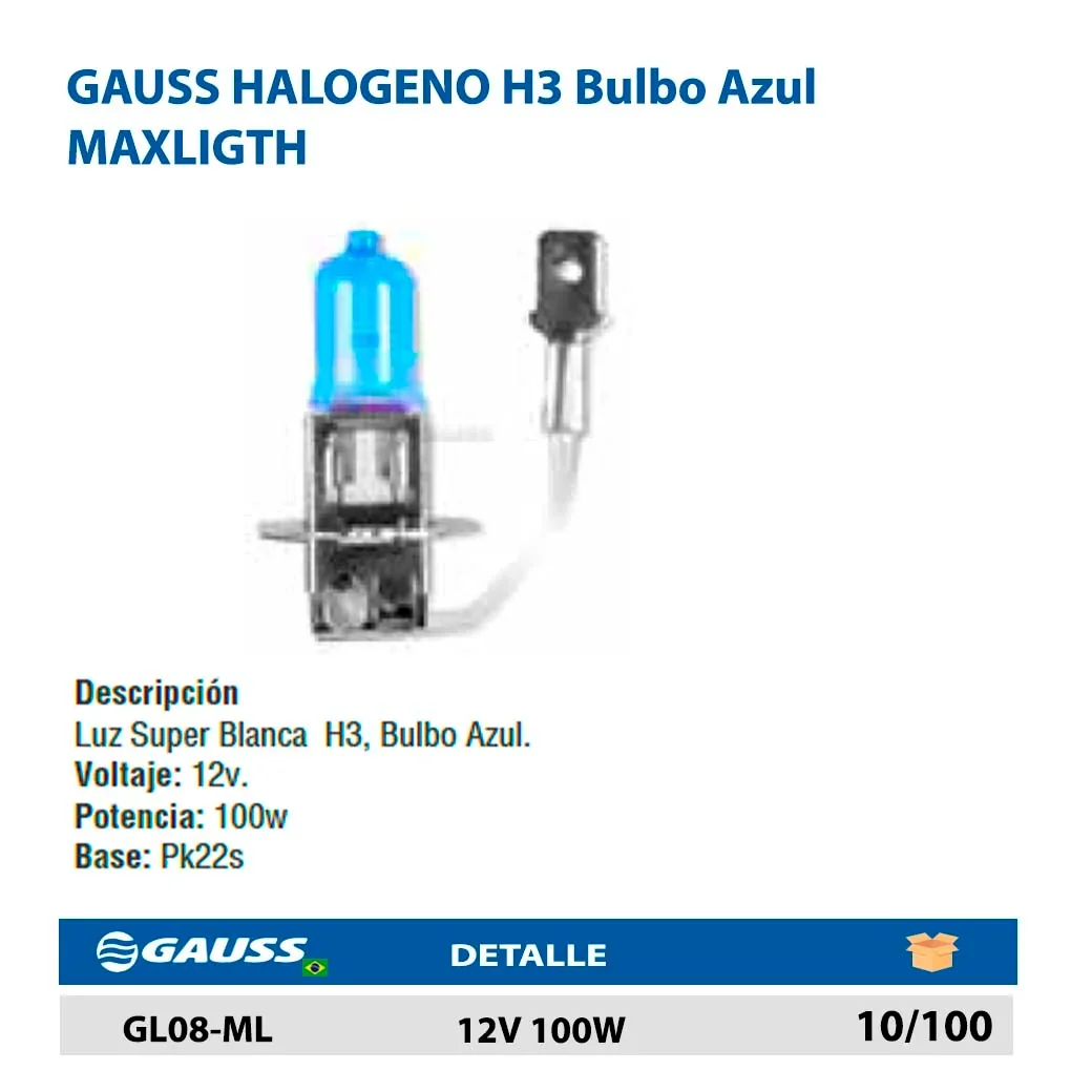 GAUSS HALOGENO H3 Bulbo Azul MAXLIGTH 12V 100W
