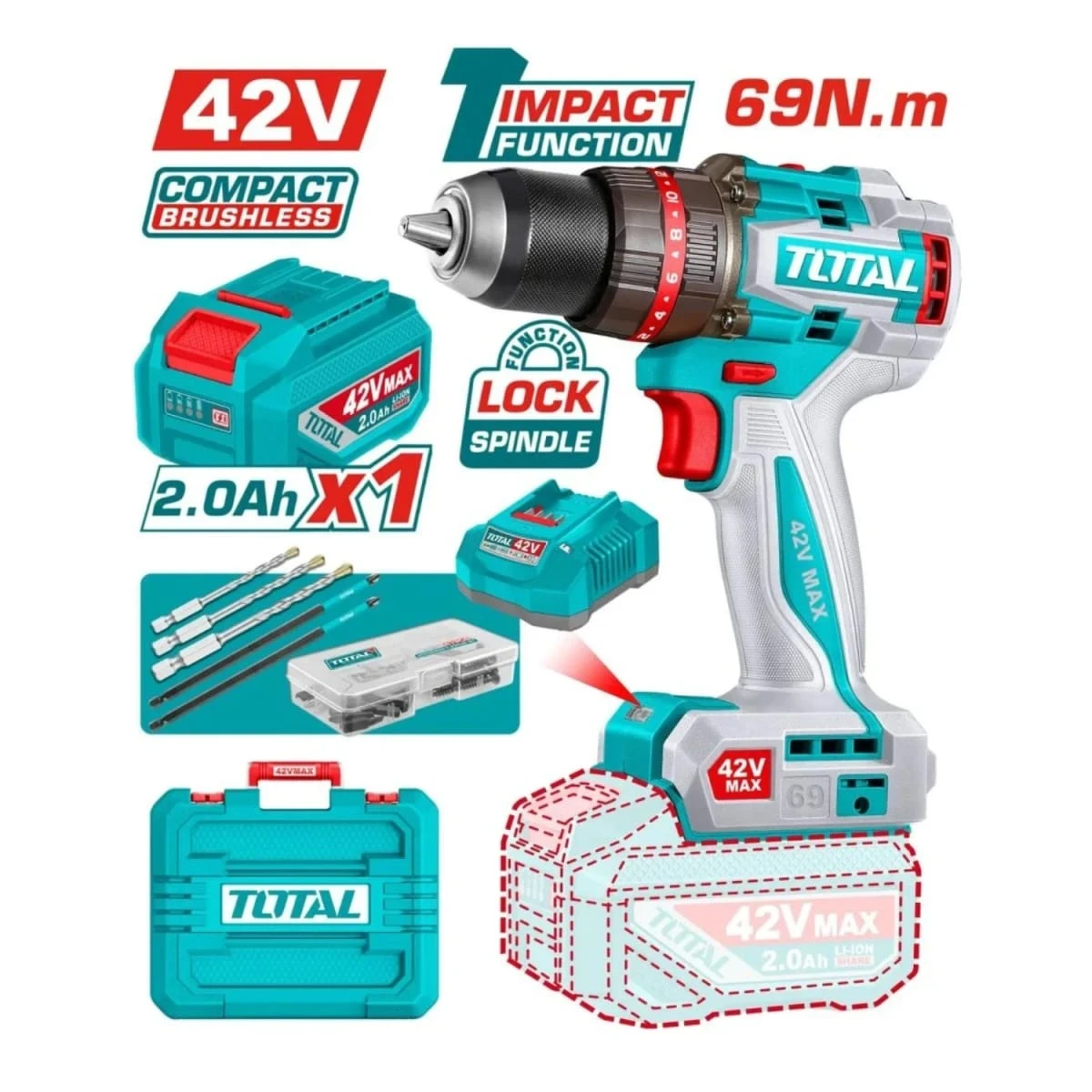 TIDLI426981 Taladro percutor 69nm + 1 batería y cargador 42v total