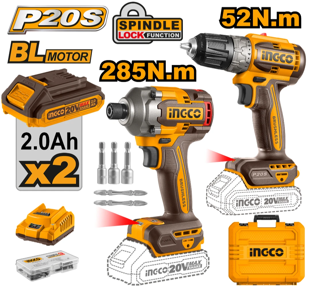 SET ATORNILLADOR DE IMPACTO A BATERIA 20V 285NM + ATORNILLADOR 20V 52NM C 2 BAT CARGADOR + VALIJA INGCO P20S CKLI20272