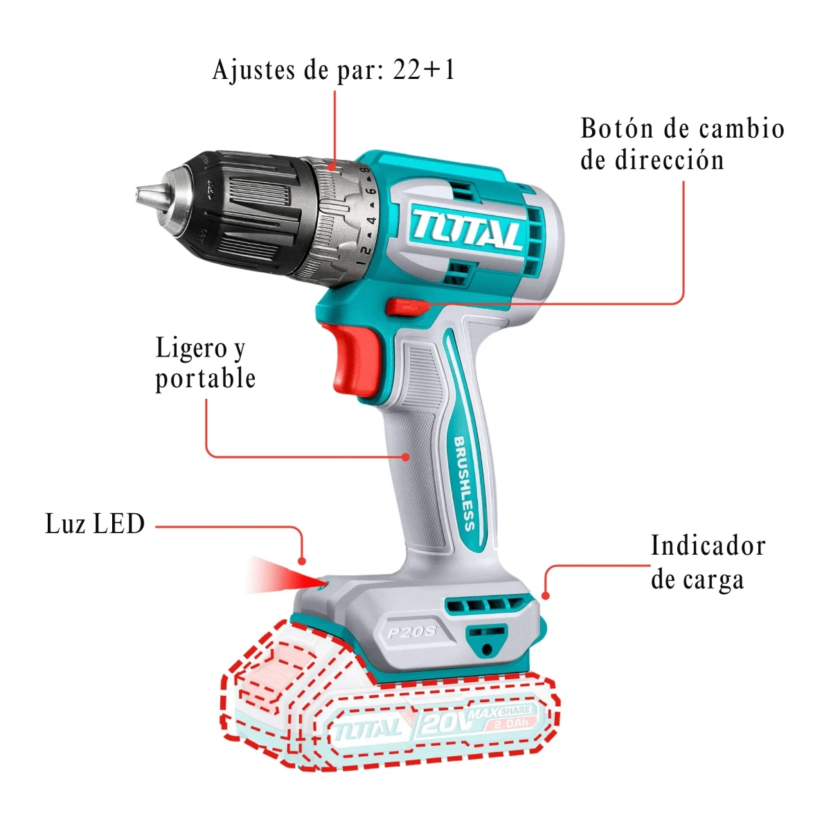 TDLI20453 Taladro atornillador 52nm + 2 baterías 2ah y cargador total 2