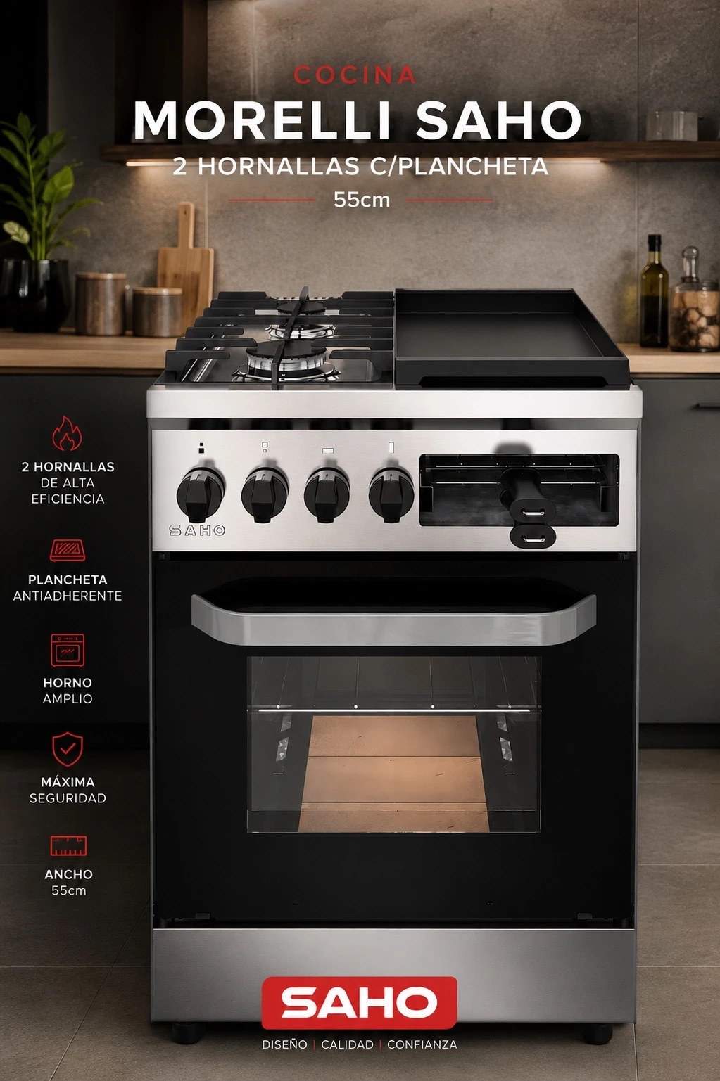 Cocina Morelli 2 Horn. + Plancha MultiGrill Saho 55cm T/Vidrio