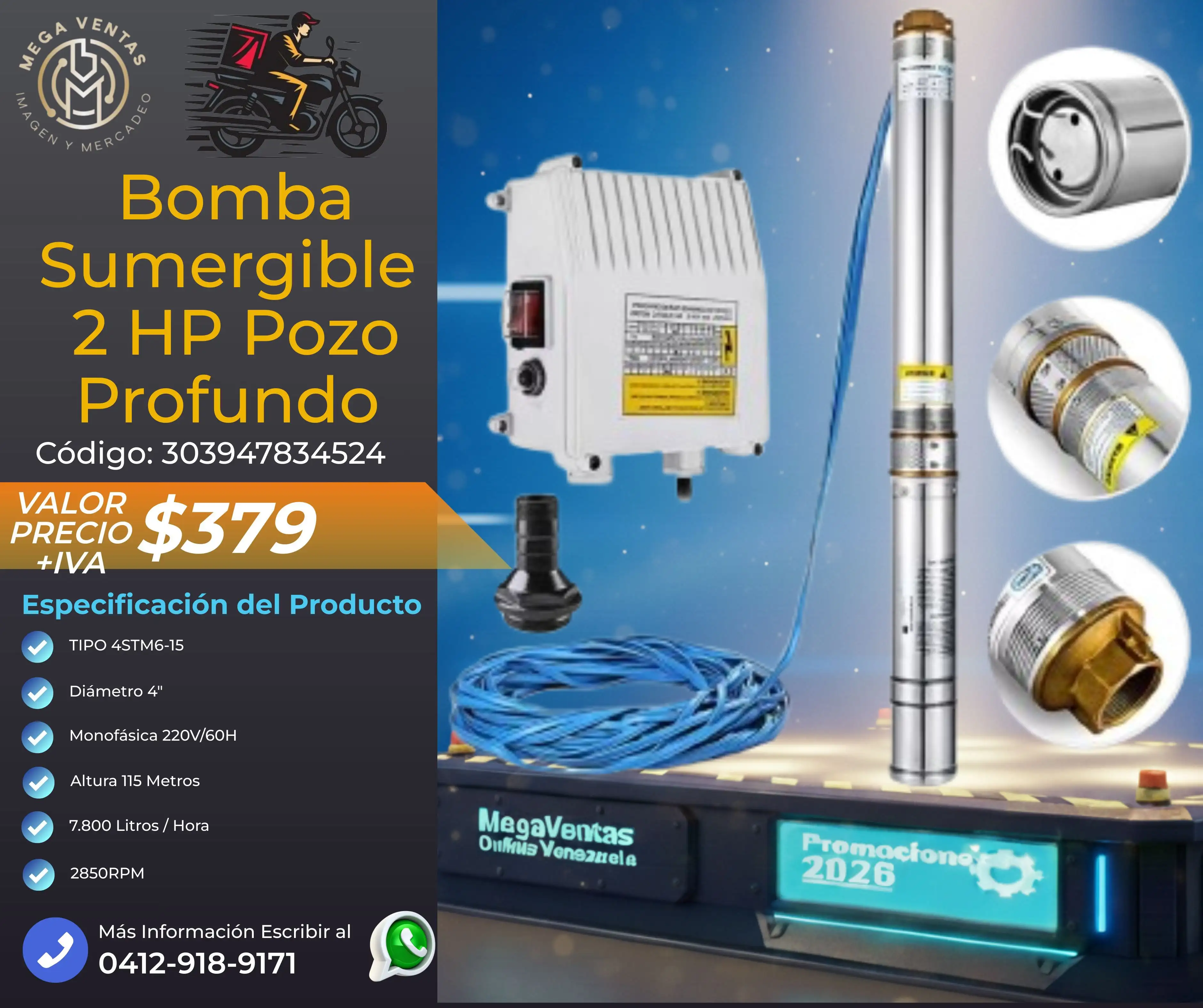 Bomba de Agua Sumergible 2 HP