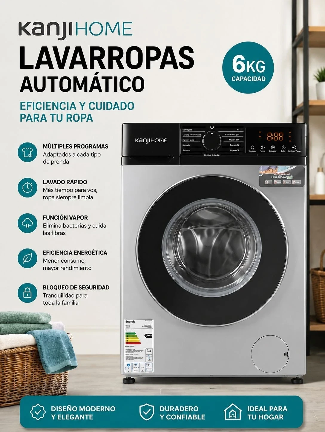 Lavarropas Kanji Home 6 Kg Inverter Silver (N°5934)*