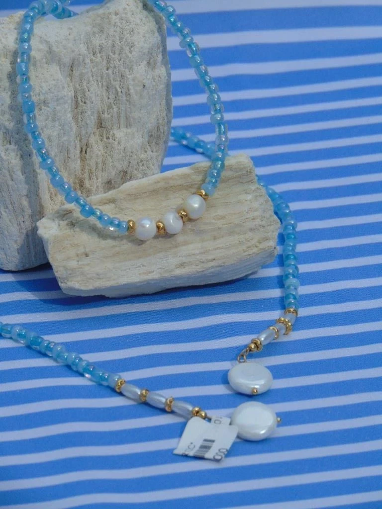 CHOKER ACERO DOR LARGO MOSTACILLA AZUL HIELO PERLA