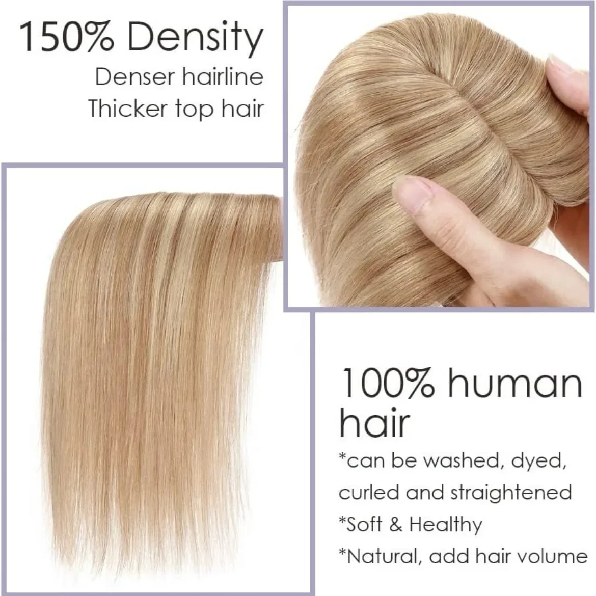  Toppers de cabello humano  cabello Remy real, densidad del 150%, 2.8 x 5.1 in, base de seda, sin flequillo, piezas de cabello lacio para cabello fino, 10”, #18/613 rubio 2