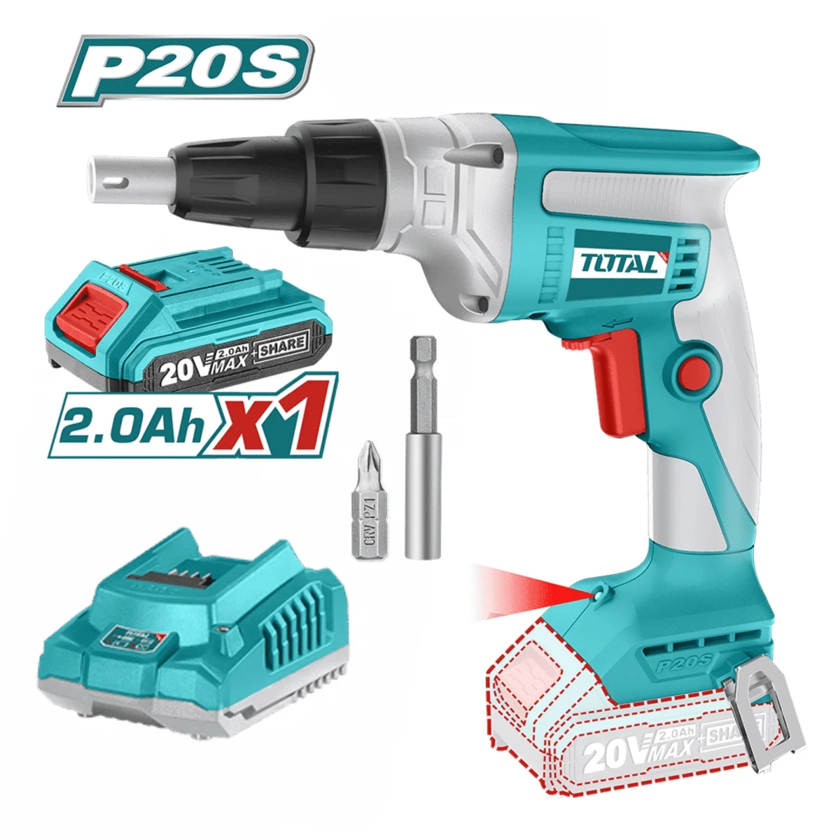 TDSLI204200 Atornillador de drywall 20v + bateria 2ah y cargador total 2