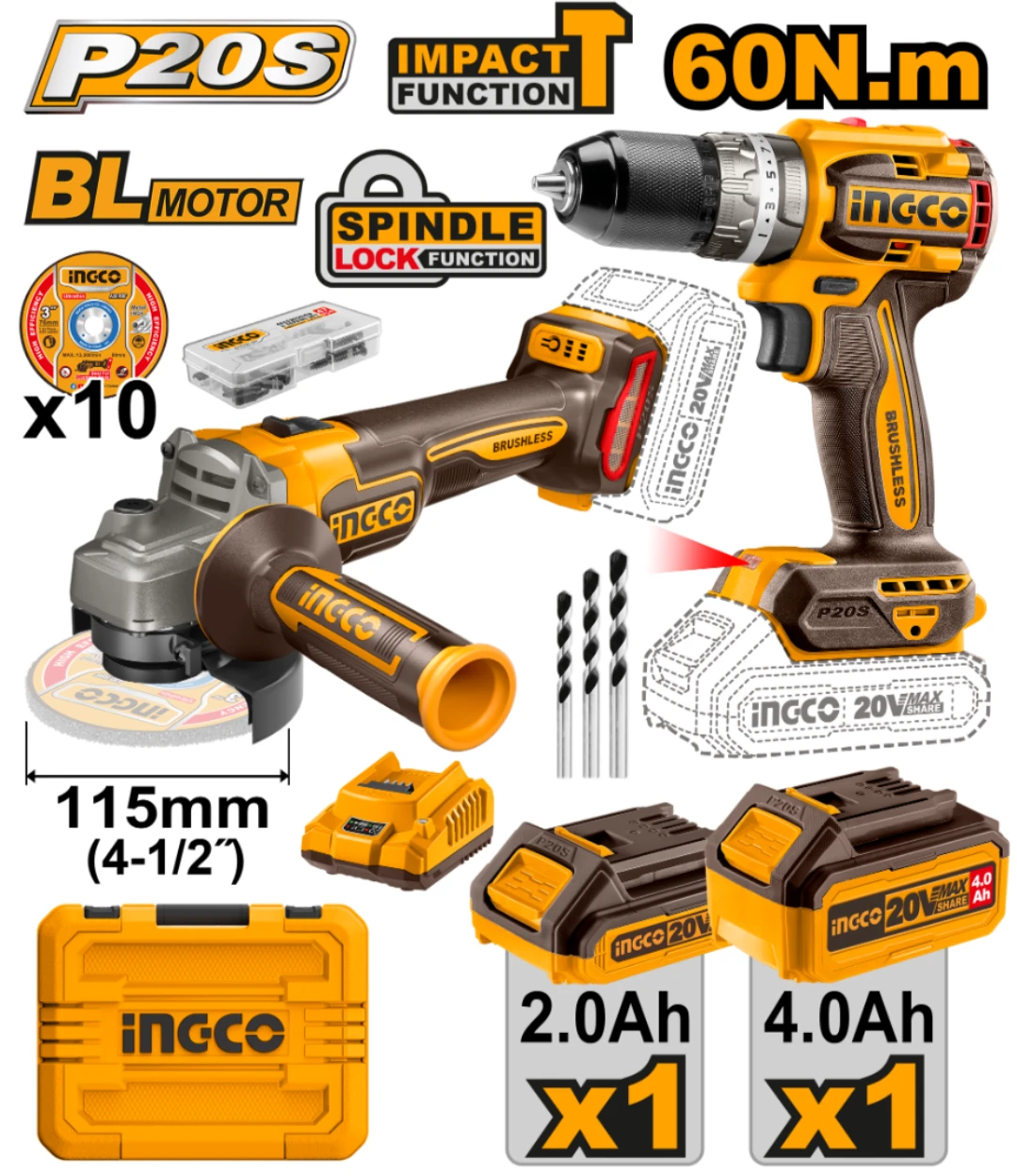 COMBO ATORNILLADOR 20V C PERCUTOR (CIDLI20602) + AMOLADORA 20V (CAGLI21154) 2 BAT CARG + VALIJA