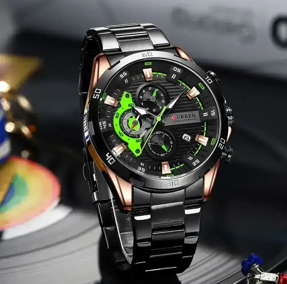 Reloj Curren Original Acero Cronografo 8402 Negro Cobrizo Fondo Negro Detalles Verdes Fluorescente 4