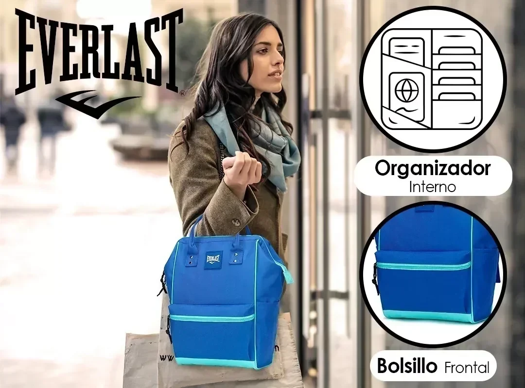 Mochila Cartera Dama Everlast Boca De Pez Urbana Anti Robo AZUL Y VERDE 2