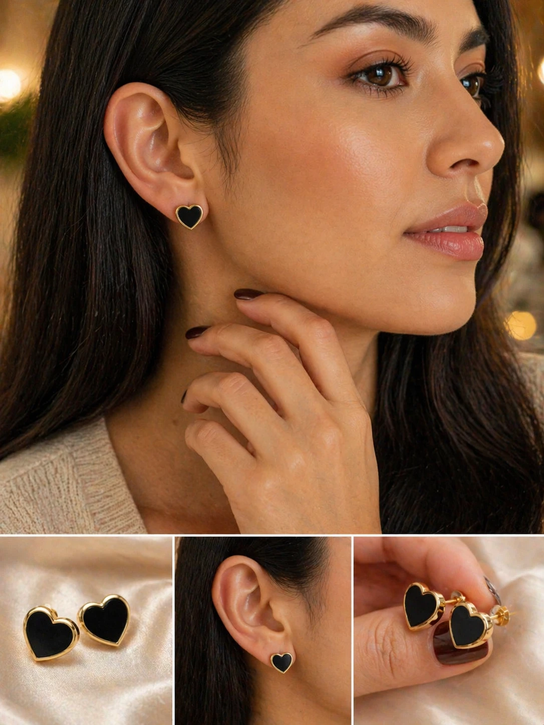 Aros negro corazón en oro laminado 