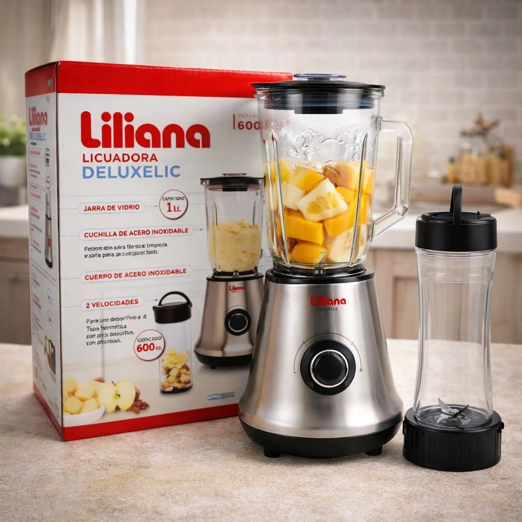 LICUADORA LILIANA DELUXELIC ACERO INOX 1LT JARRA DE VIDRIO + BOTELLA 600ML INTERCAMBIABLE