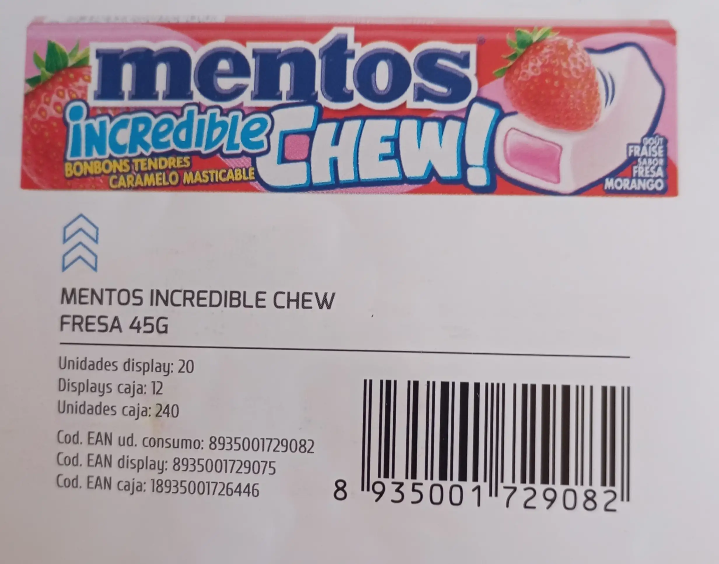 Mentos Fresa incredible chew 45gr 12uds