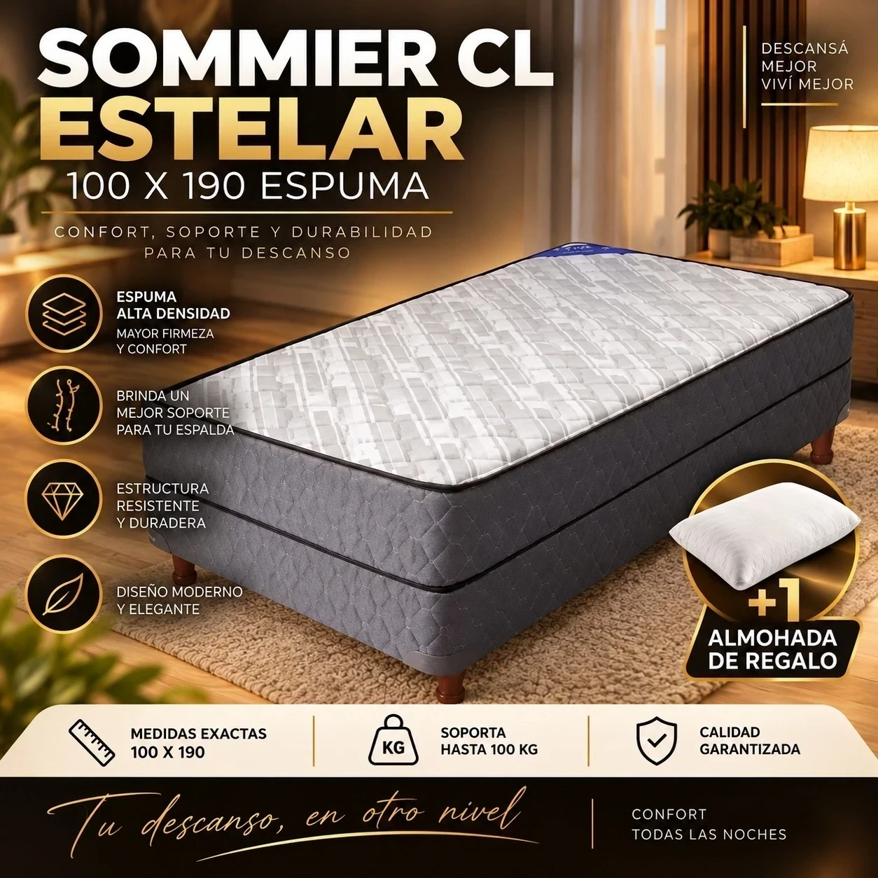 SOMMIER CL ESTELAR 100×190 UNA PLAZA Y MEDIA CONSULTAR DISPONIBILIDAD CON EL VENDEDOR