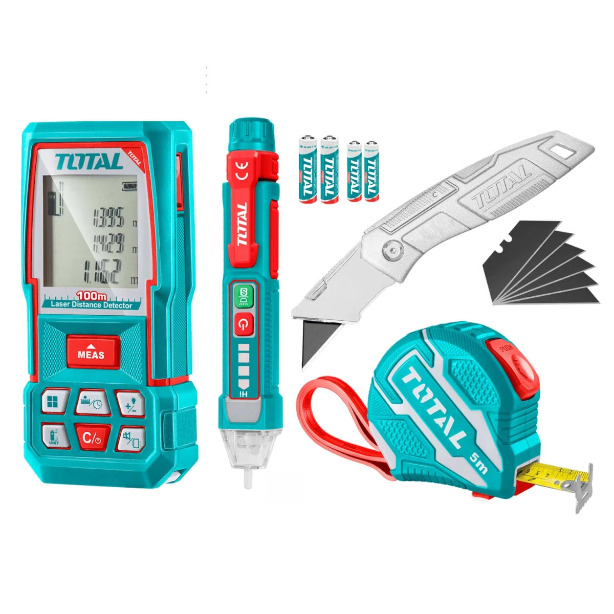 Medidor laser 100m + detector + navaja y wincha total 2