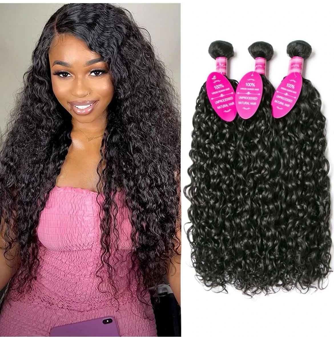 Paquetes de cabello humano ondulado de 26, 28, 30 pulgadas, grado 12A, cabello humano rizado con agua, 100% sin procesar, virgen, brasileño, sin procesar, 3 paquetes de color negro natural