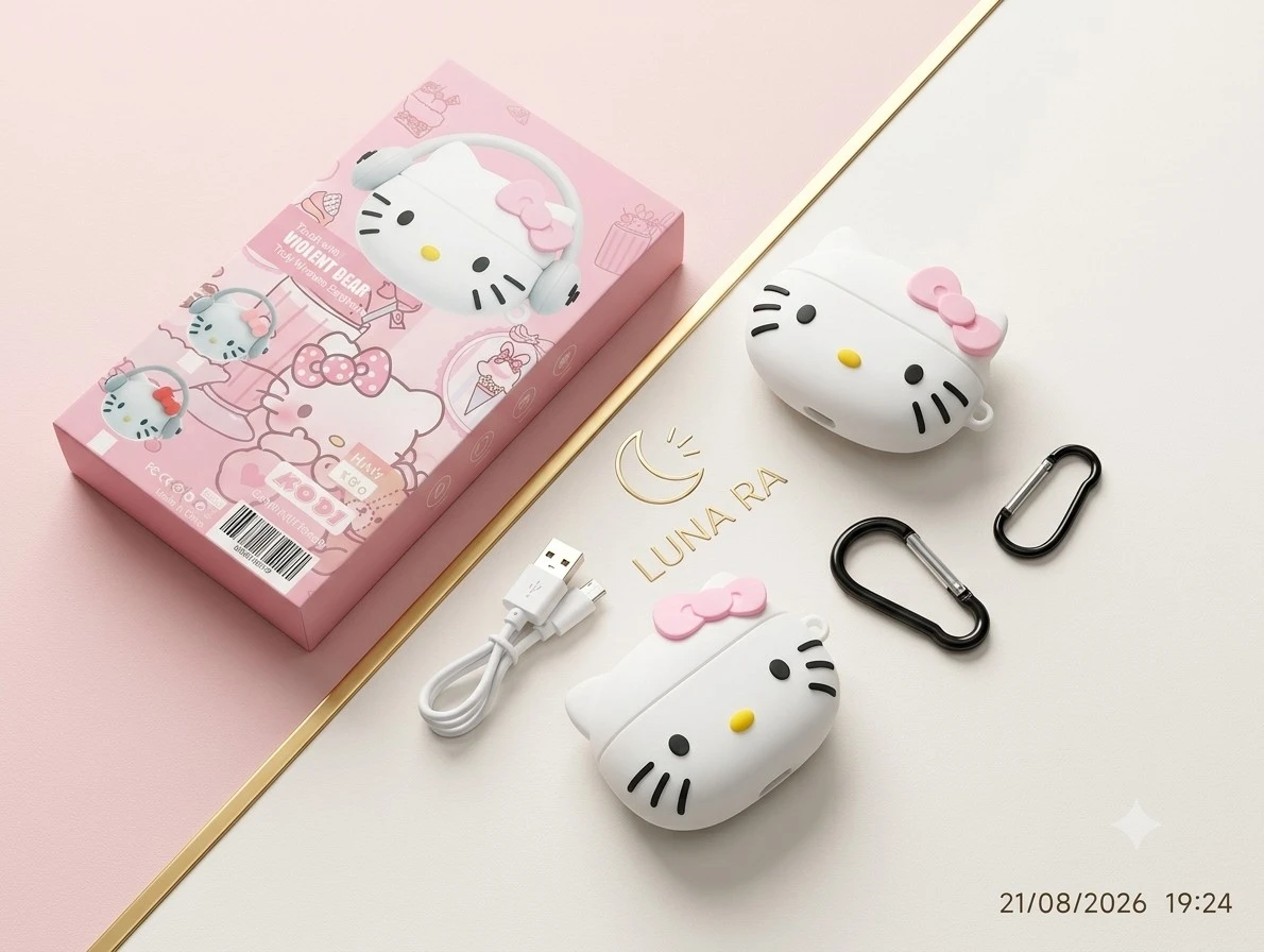 AURICULARES BLUETOOTH CON FUNDA  STITCH Y HELLO KITTY  2
