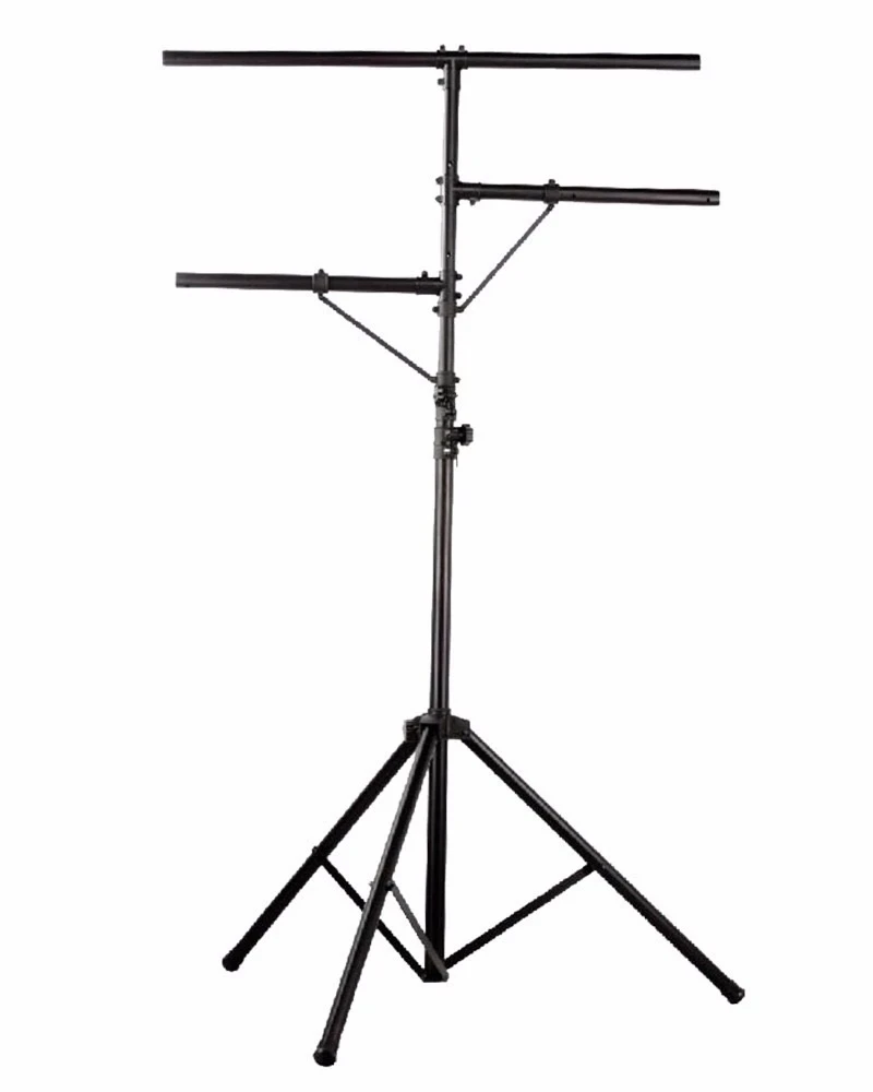 SOPORTE DOBLE TUso: Diseñado para montar y sostener equipos de iluminación como focos, luces LED, efectos de luz, etc., en eventos y espectáculos.  Características: Suele contar con una estructura de trípode para estabilidad y barras horizontales dobles para colgar múltiples accesorios de iluminación.  Aplicaciones: Ideal para DJs, bandas, organizadores de eventos y cualquier persona que necesite una solución de soporte de iluminación portátil y versátil. 2