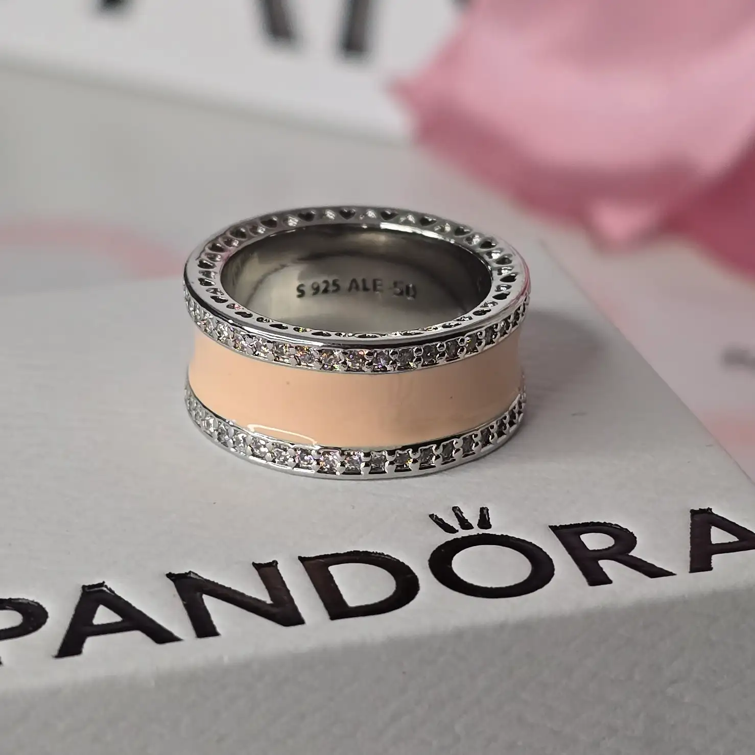 Pandora Radiant Hearts Pink Enamel Band Ring  2