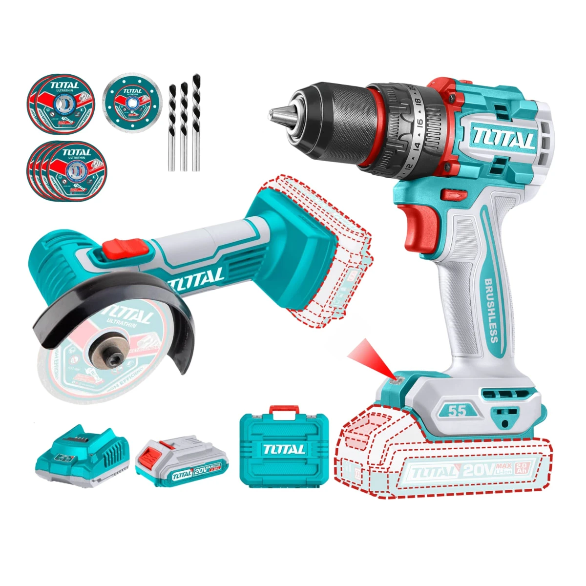 TAGLI76012-TIDLI205581 Mini amoladora 3" con bateria y cargador + taladro percutor 55nm total