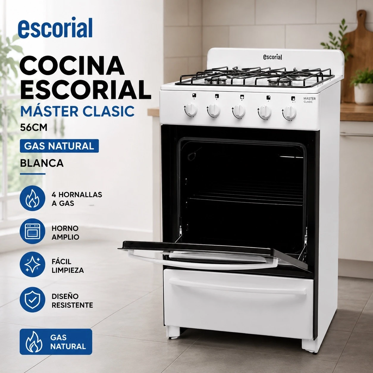 COCINA ESCORIAL MASTER CLÁSIC 56CM GAS NATURAL BLANCA ‼️SOLO POR PEDIDO‼️