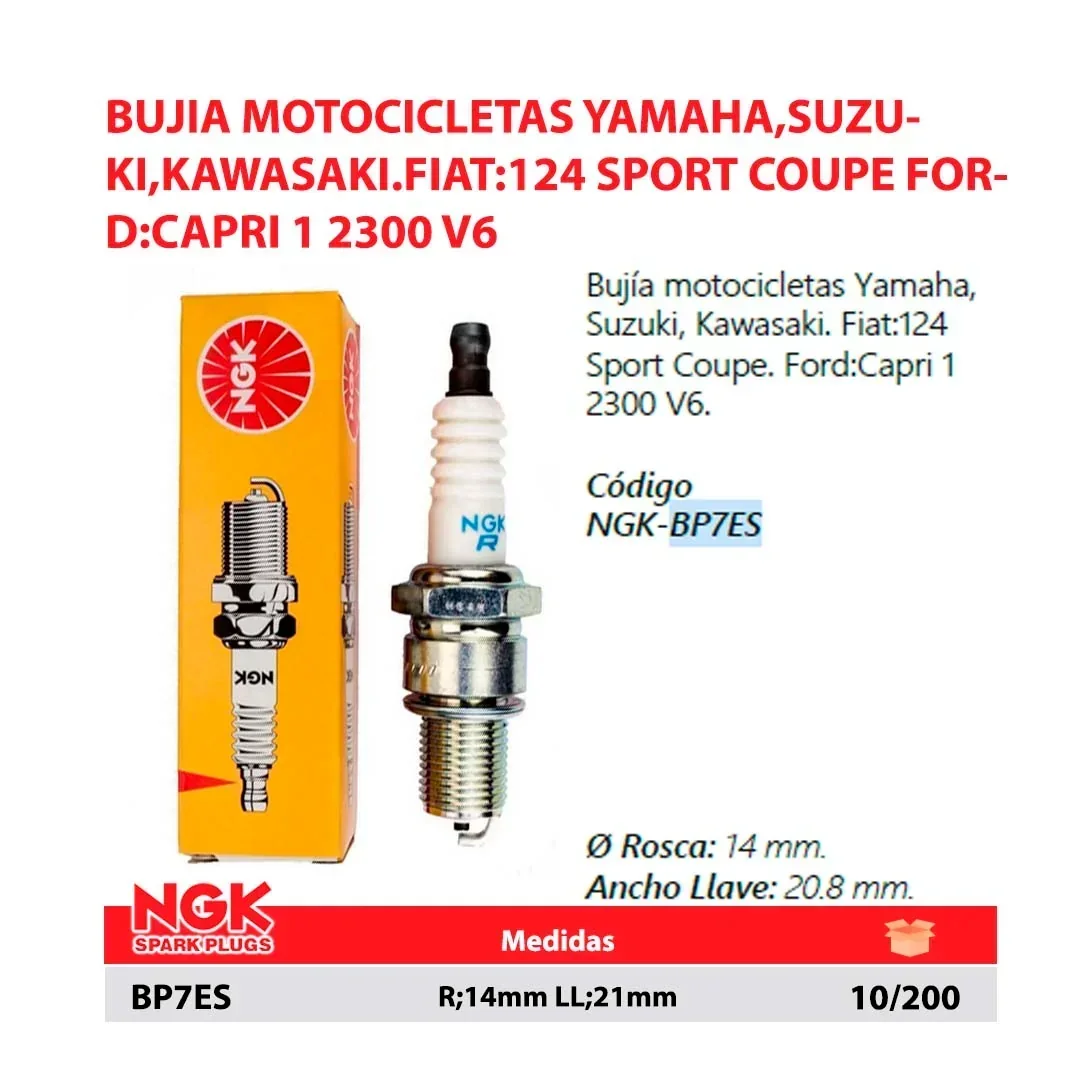 BUJIA MOTOCICLETAS YAMAHA,SUZUKI,KAWASAKI.FIAT:124 SPORT COUPE FORD:CAPRI 1 2300 V6 R;14mm LL;21mm