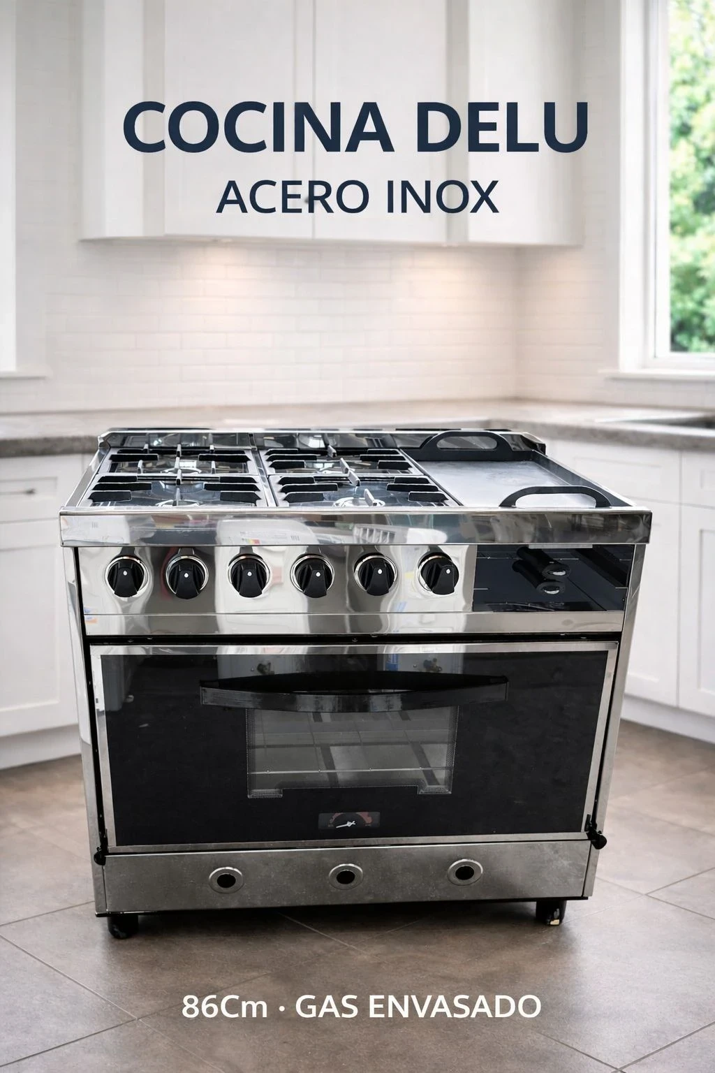 COCINA DELU 4 HORNALLAS C/PLANCHETA Y CARLITERO 86CM T/VIDRIO