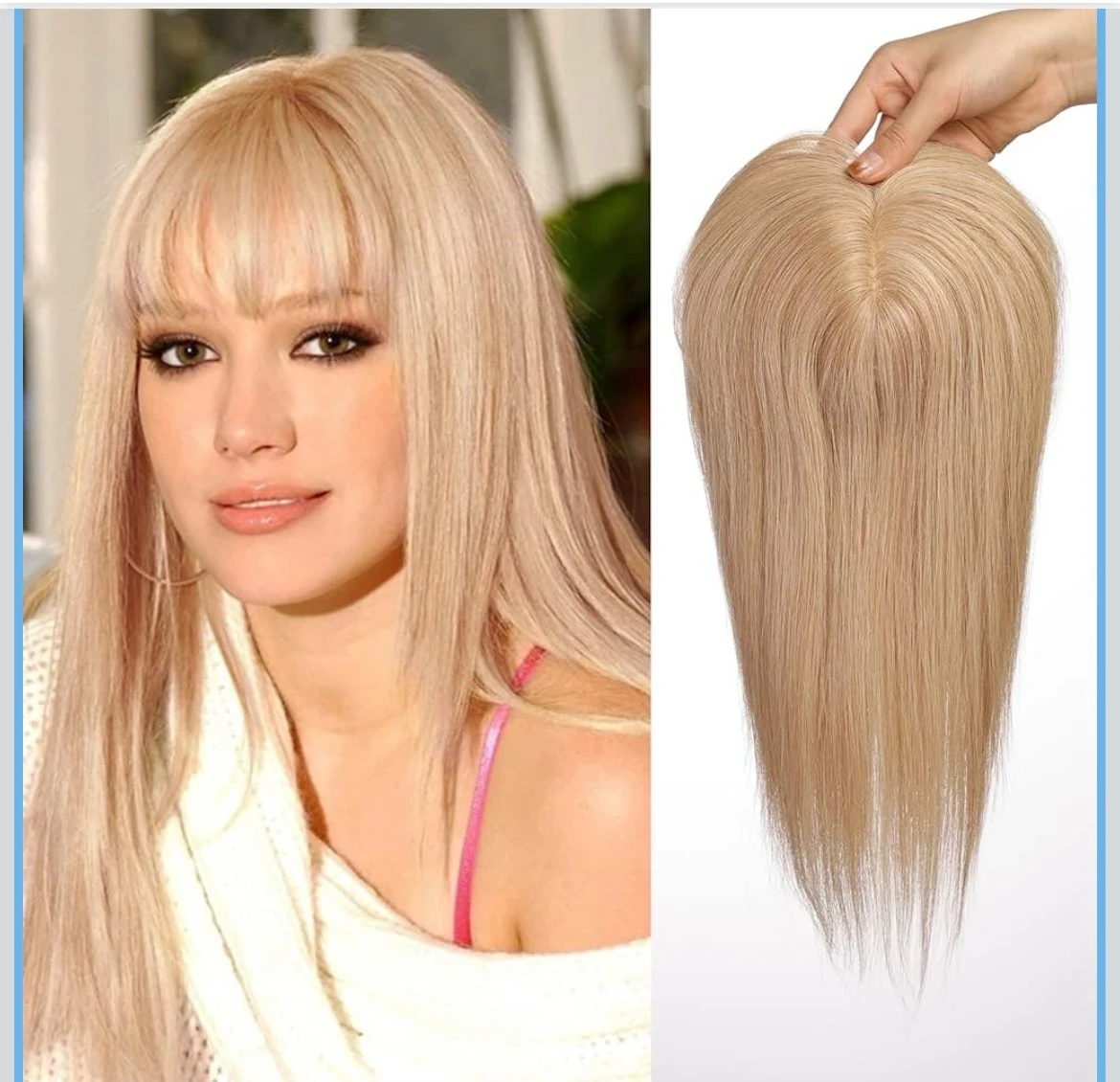 Topper de Cabello Humano para Mujeres, 14 “,  100% Topper de Cabello Humano Remy con Flequillo, Base de Seda de 150% de Densidad