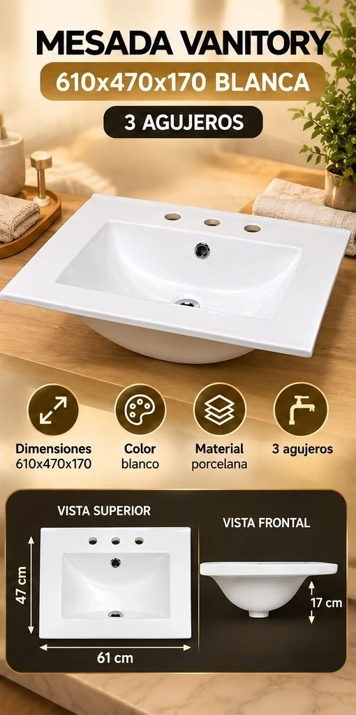 MESADA VANITORY 610×470×170 – 3 AGUJEROS *CONSULTA DISPONIBILIDAD CON EL VENDEDOR*