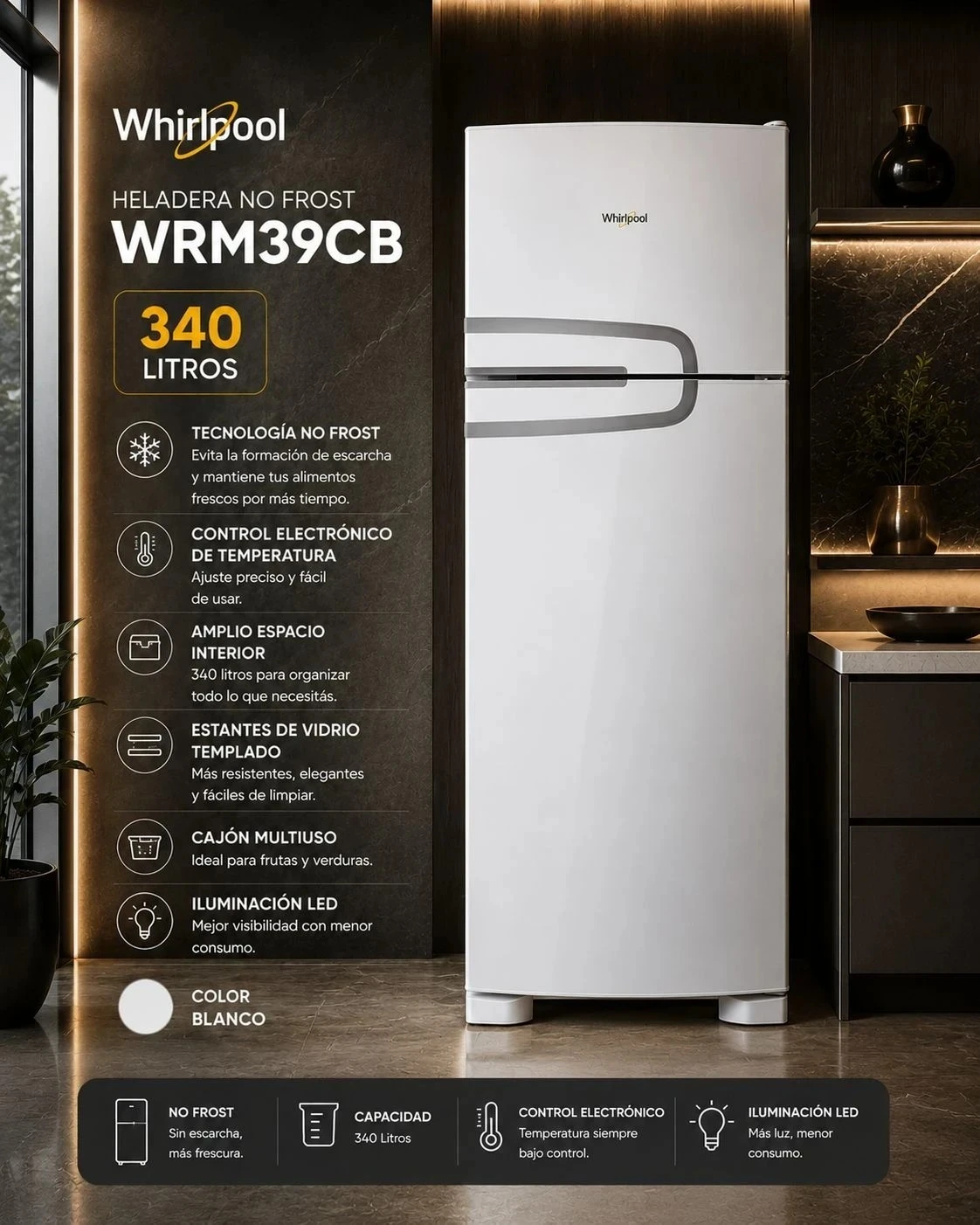 HELADERA WHIRLPOOL BLANCA NO FROST 340LTS WRM39CB 