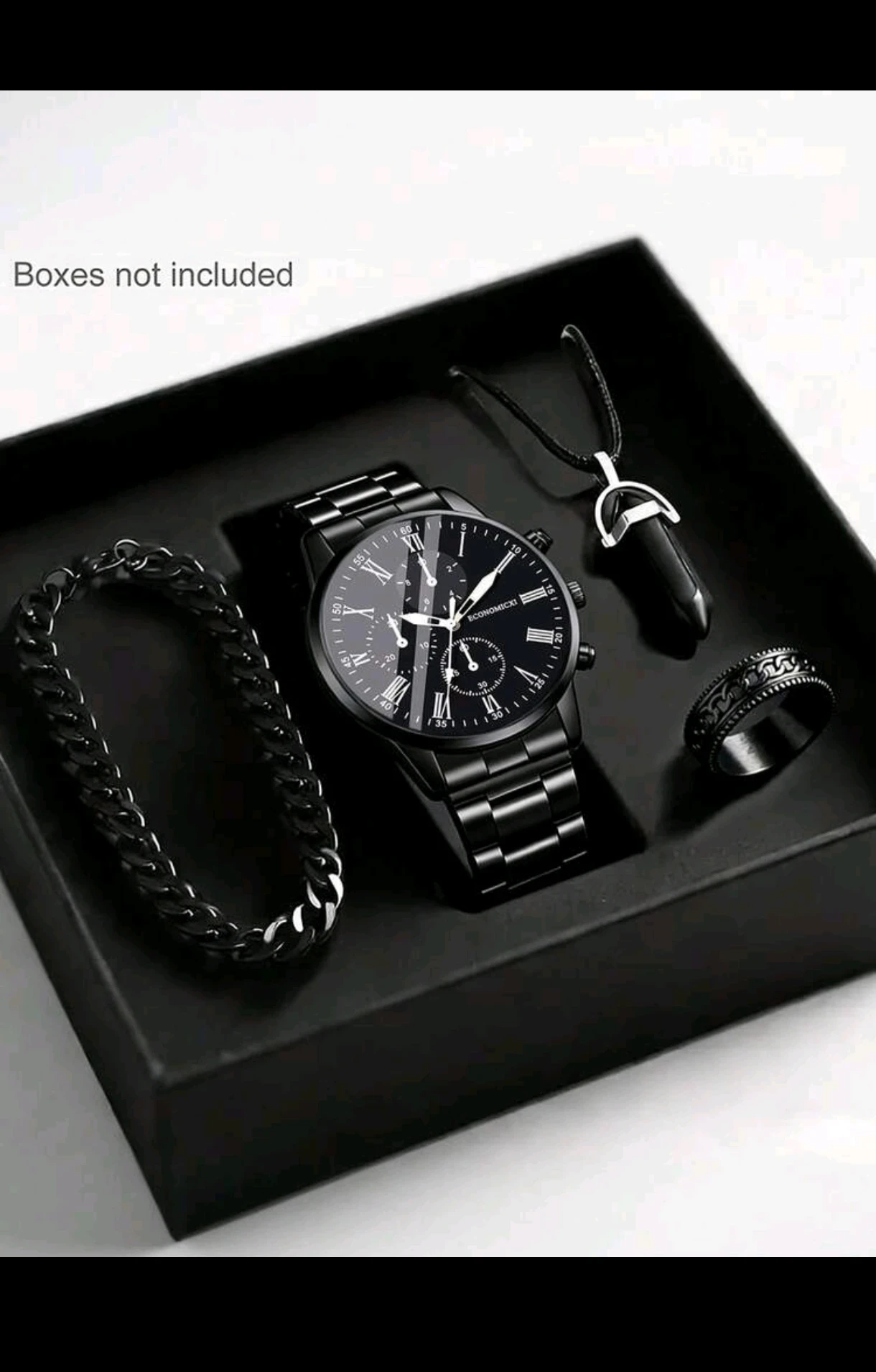 Accesorios para Hombre 4 en 1 – Reloj de Cuarzo Geneva Negro, Pulsera Eslabón, Collar con Dije y Anillo Casual