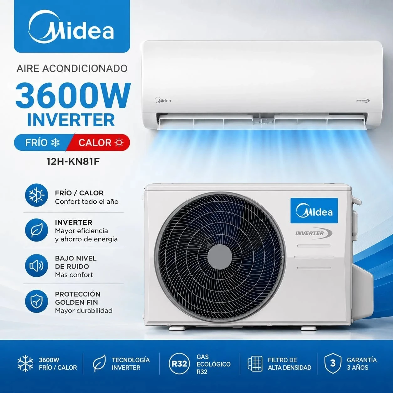 AIRE ACONDICIONADO MIDEA 3600W INVERTER FRIO/CALOR 12h-kn81f