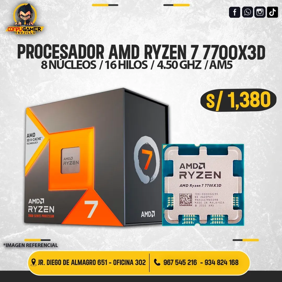 PROCESADOR AMD RYZEN 7 7700X3D, 8 NÚCLEOS, 16 HILOS, 4.50GHZ, AM5
