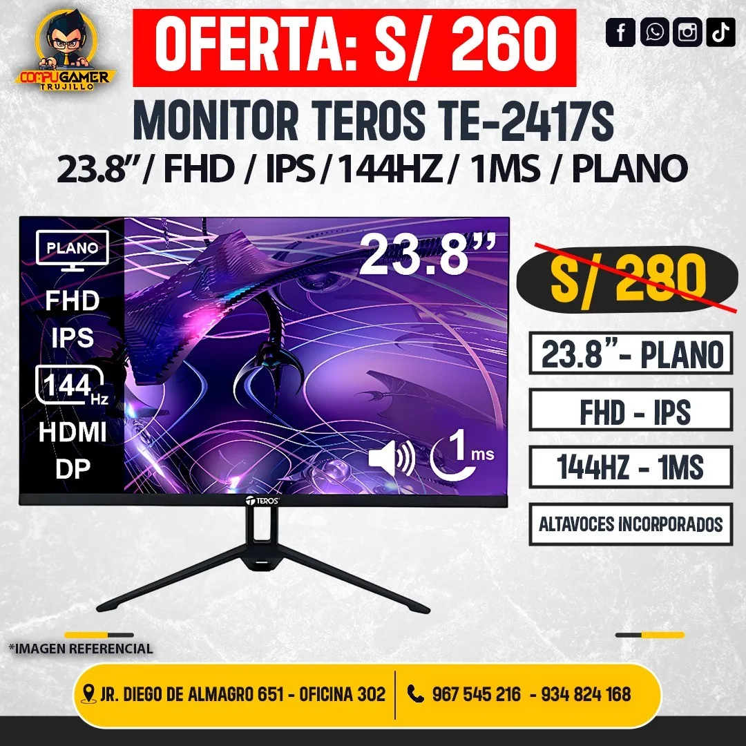MONITOR TEROS TE-2417S, 24.8", FHD, IPS, 144HZ, 1MS,  ALTAVOCES INCORPORADOS, PLANO