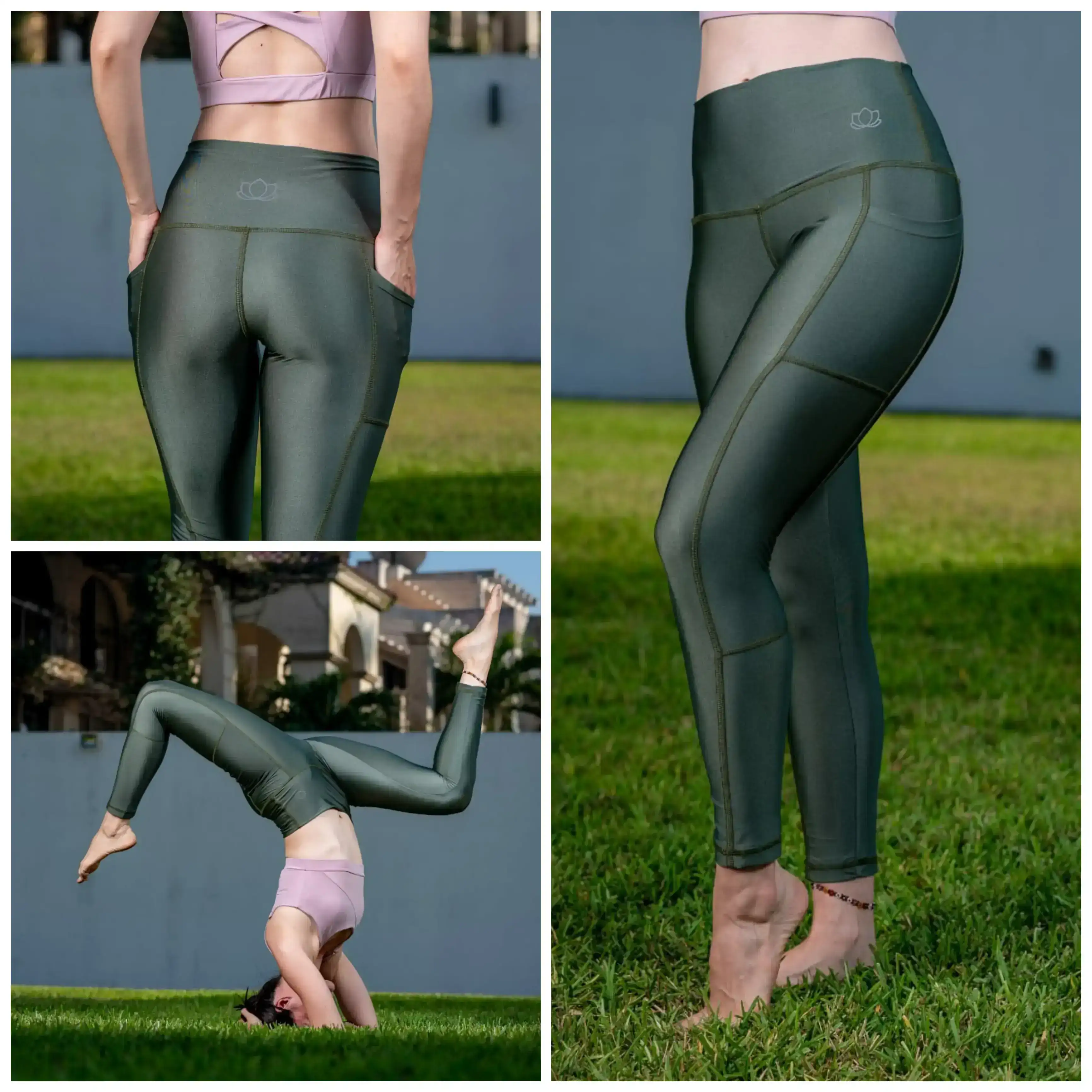 Leggins YOGA ZEN verde olivo satin con bolsas