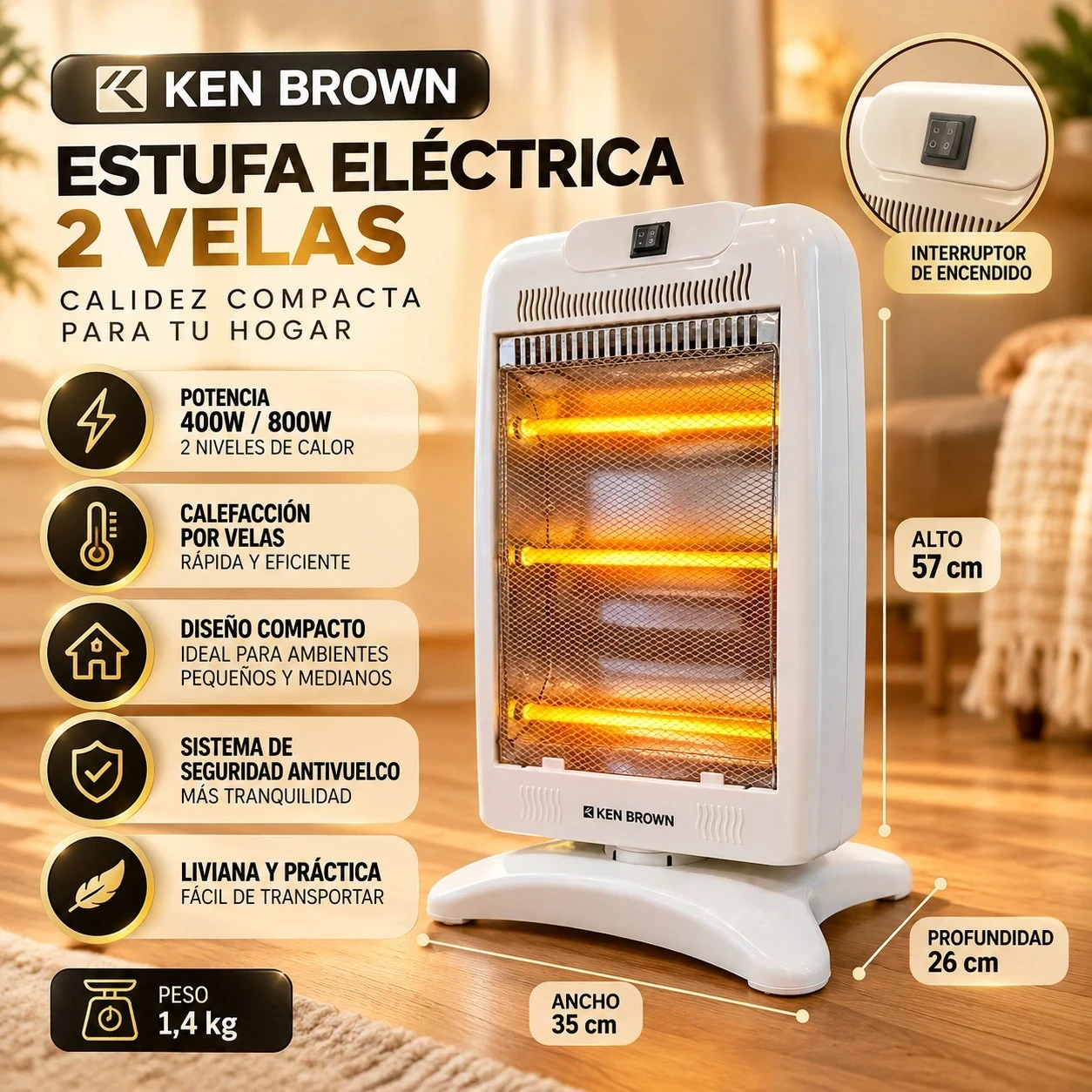 ESTUFA ELÉCTRICA KEN BROWN 2 VELAS CONSULTAR DISPONIBILIDAD CON EL VENDEDOR