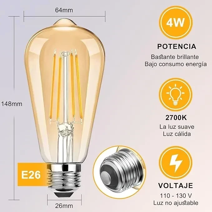 Pack X3 Ampolletas Led 4w Vintage Luz Calida Amarillo 2