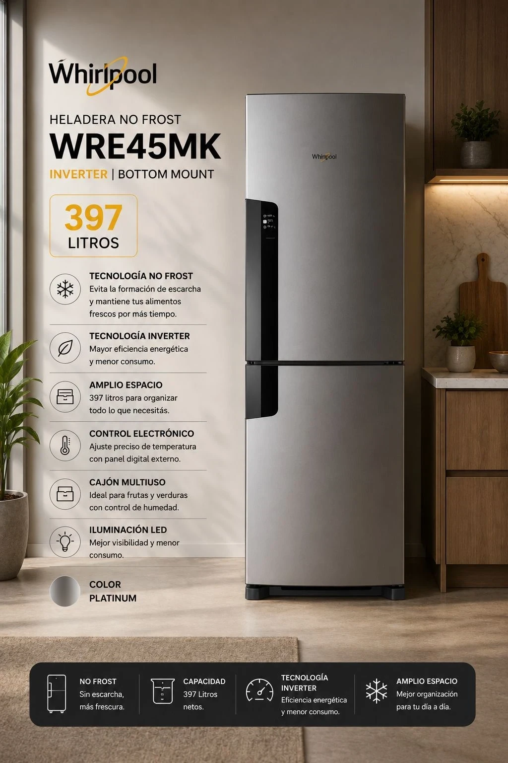 HELADERA WHIRLPOOL 397 LITRO NO FROST  SILVER INVERTER ‼️SOLO POR PEDIDOS‼️